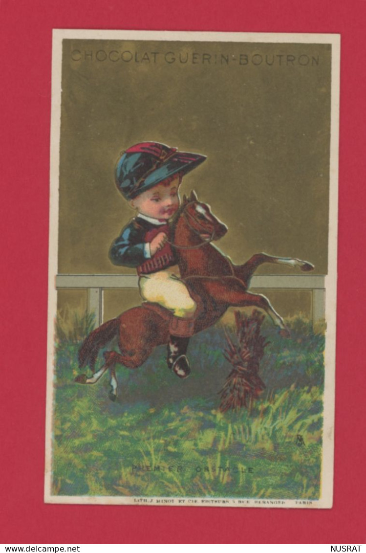Chocolat Guérin Boutron, Jolie Chromo Lith. J. Minot, équitation, Jockey, Premier Obstacle - Guérin-Boutron