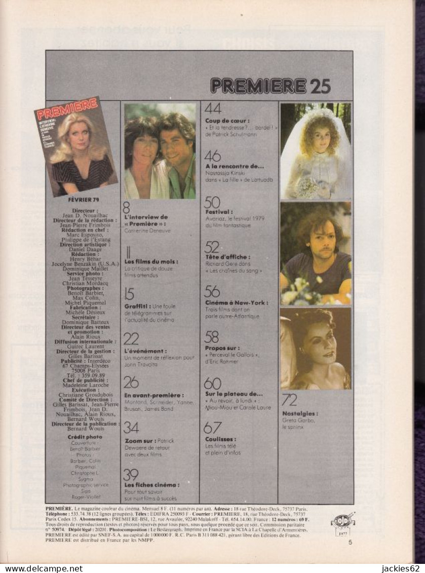 15/ PREMIERE N° 25/1979, Voir Sommaire, Deneuve, Dewaere, Travolta, Kinski, Gere,  Fiches Incluses - Cinema