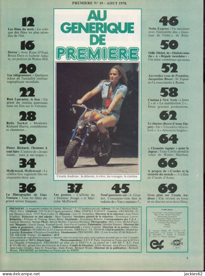 09/ PREMIERE N° 19/1978, Voir Sommaire, Bisset, P. Richard, Andress, Duperey, Fiches Et Poster Inclus - Cinéma