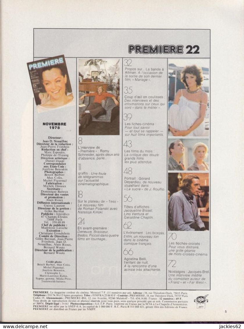 12/ PREMIERE N° 22/1978, Voir Sommaire, Schneider, Polanski, Belli, Depardieu, Brel, Fiches Incluses - Cinema