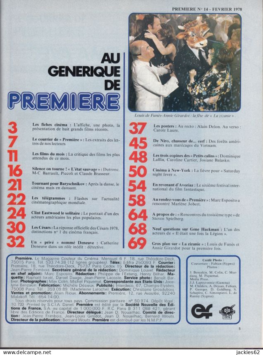 04/ PREMIERE N° 14/1978, Voir Sommaire, Jobert, Eastwood, Deneuve, De Niro, Fiches Et Poster Inclus - Cinéma