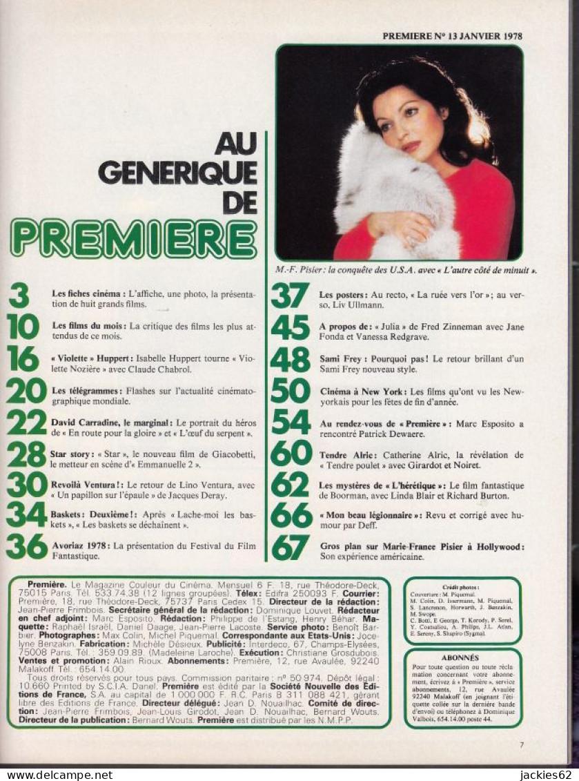 03/ PREMIERE N° 13/1978, Voir Sommaire, Dewaere, Carradine, Ventura, Huppert, Fonda, Pisier, Fiches Et Poster Inclus - Cinéma
