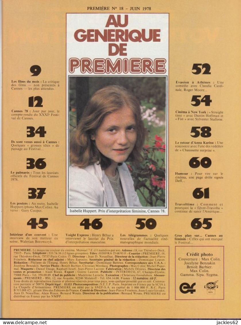 08/ PREMIERE N° 18/1978, Voir Sommaire, G. Chaplin, Jon Voight, Huppert, Travolta, Fiches Et Poster Inclus - Cinema