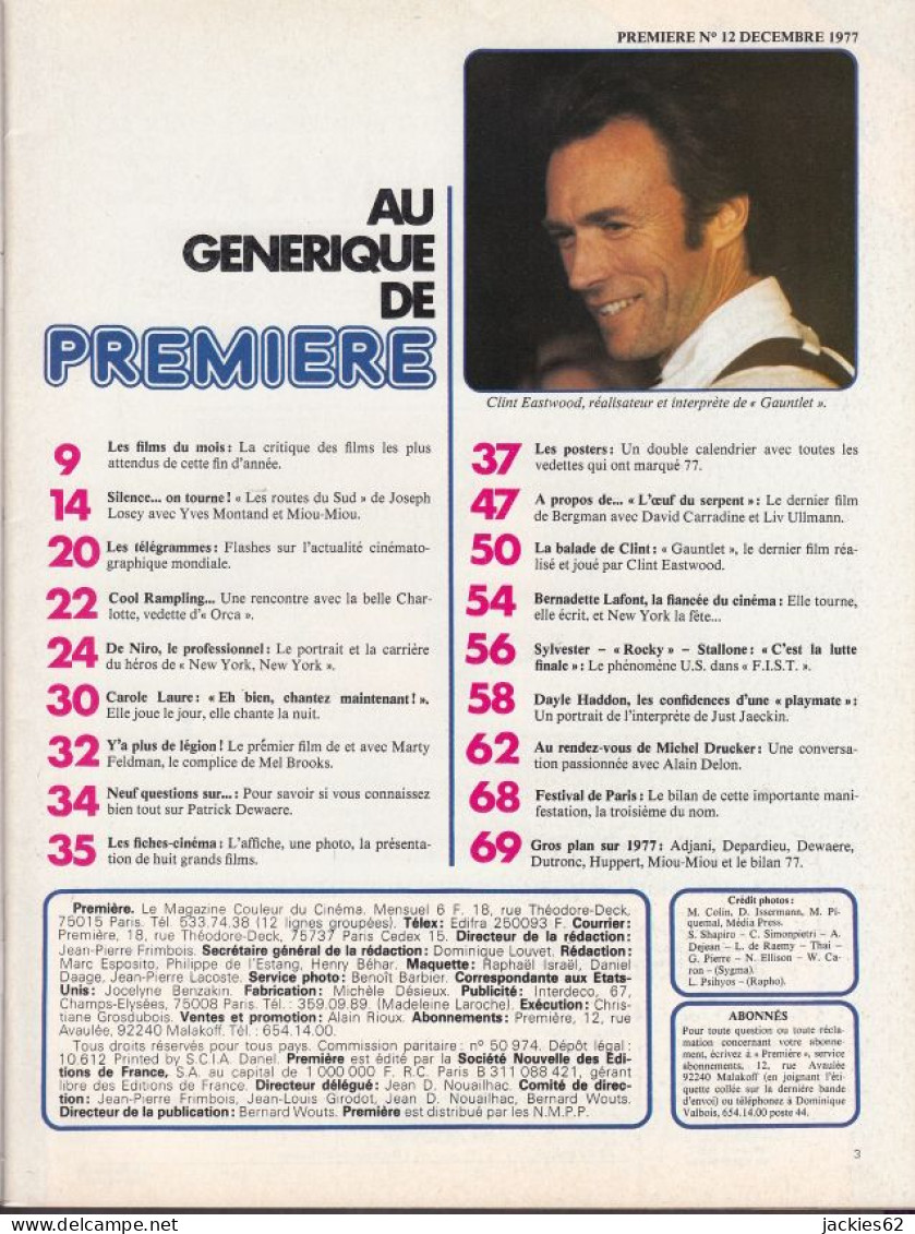 02/ PREMIERE N° 12/1977, Voir Sommaire, Rampling, De Niro, Eastwood, Delon , Fiches Et Poster Inclus - Cinema