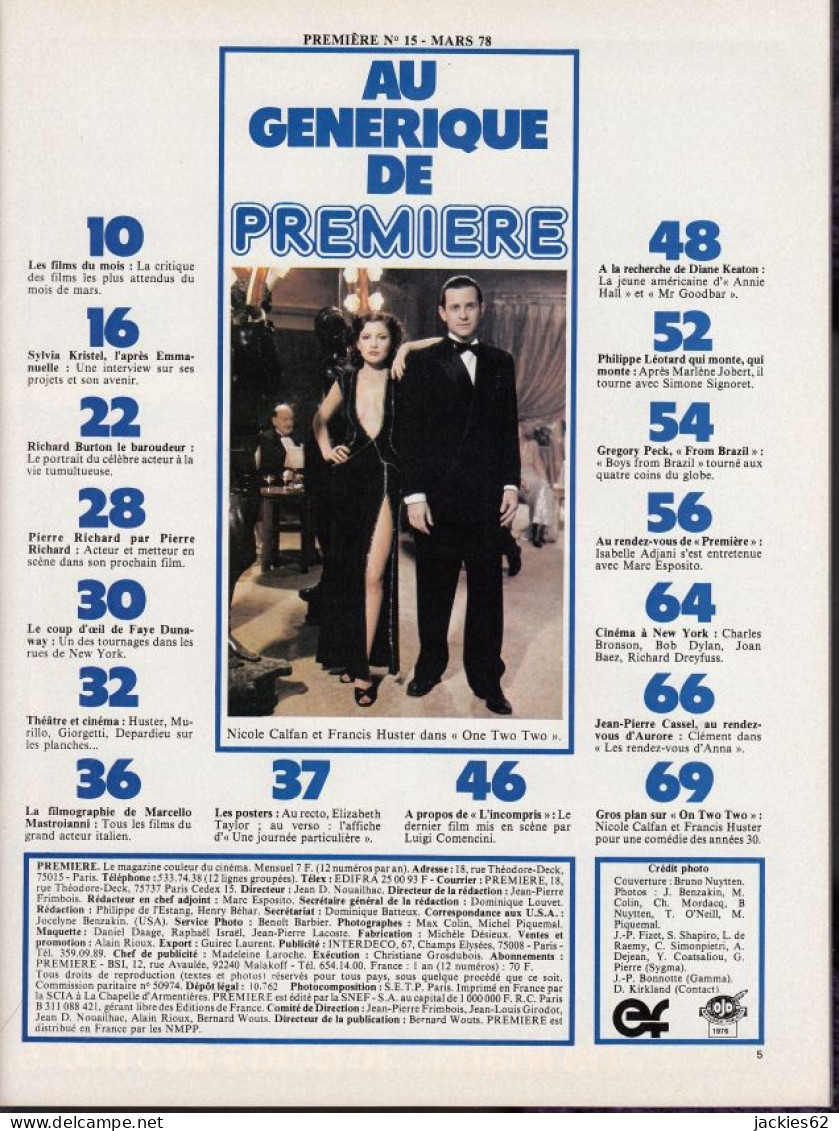05/ PREMIERE N° 15/1978, Voir Sommaire, Adjani, Burton, Kristel, Keaton, Fiches Et Poster Inclus - Cinéma