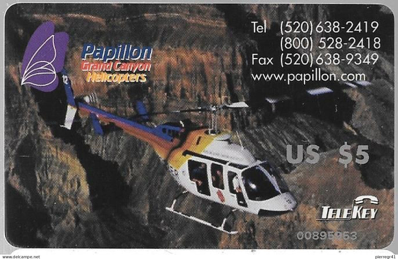 CARTE-PREPAYEE-USA-5$-TELEKEY-PAPILLON /GRAND CANYON-HELICO VISITE-Plastic Epais-Gratté TBE/RARE - Otros & Sin Clasificación