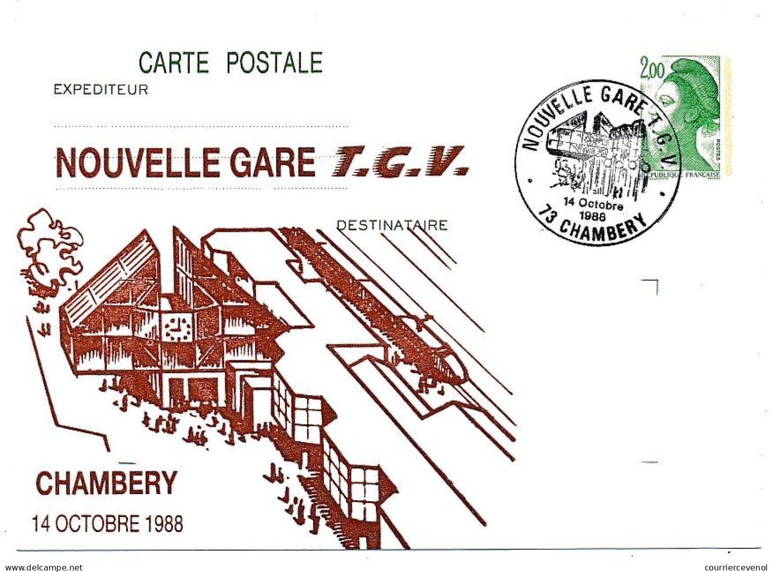 CP Entier Repiqué 2,00 Liberté Gandon - Nouvelle Gare TGV Chambéry - 14 Octobre 1988 - Overprinter Postcards (before 1995)