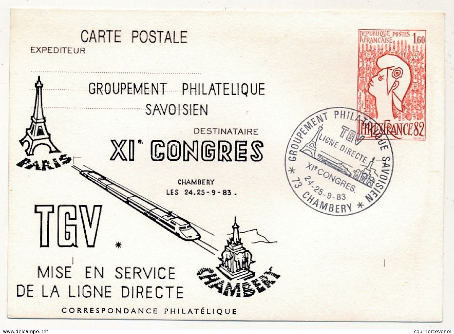 CP Entier Repiqué 1,60 Philexfrance - Mise En Service Ligne Directe TGV Paris Chambéry - 24,25 Sept 1993 CHAMBERY - Overprinter Postcards (before 1995)