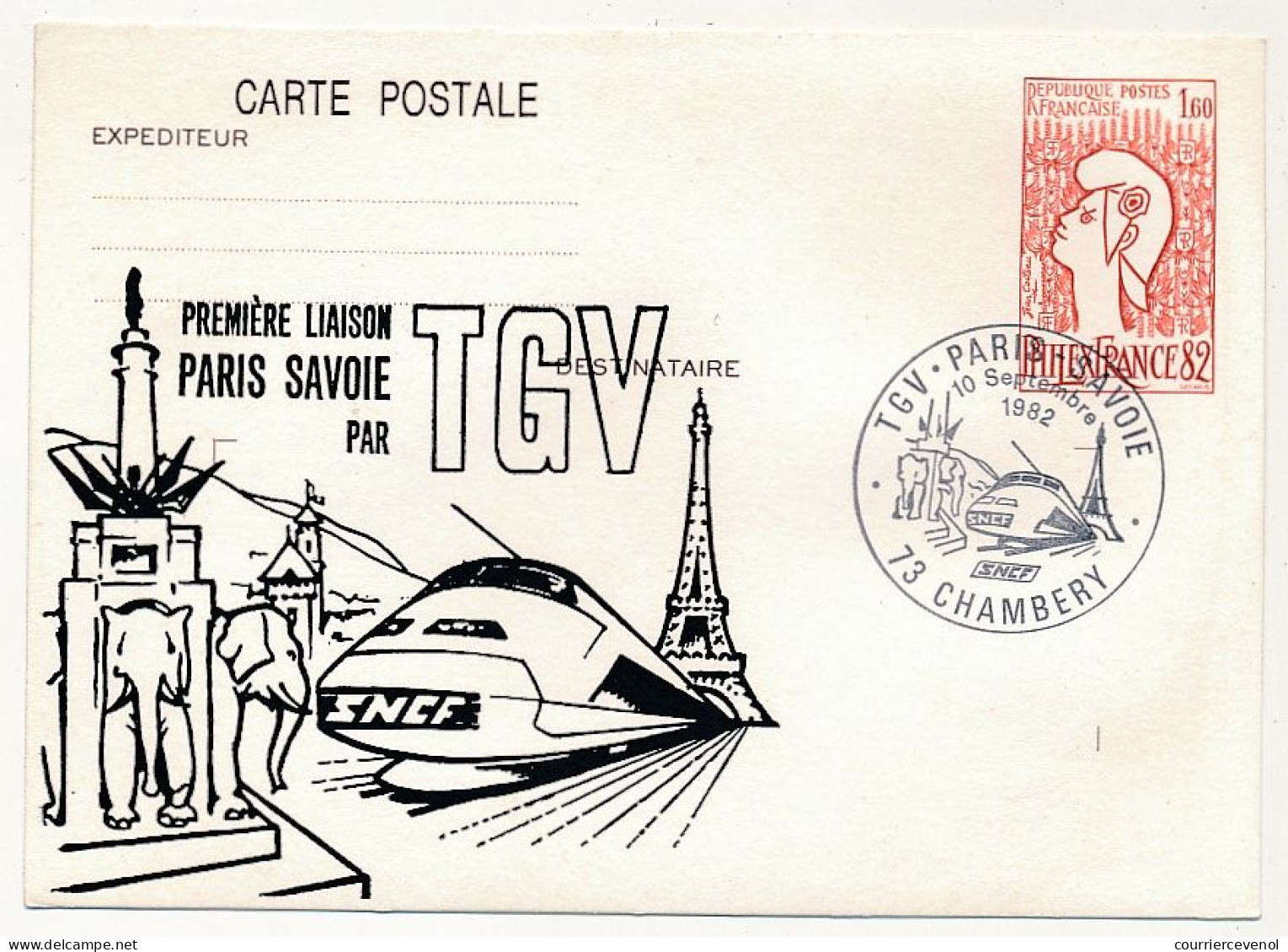 CP Entier Repiqué 1,60 Philexfrance - Première Liaison Paris Savoie Par TGV - 10 Sept 1982 - CHAMBERY - Cartes Postales Repiquages (avant 1995)