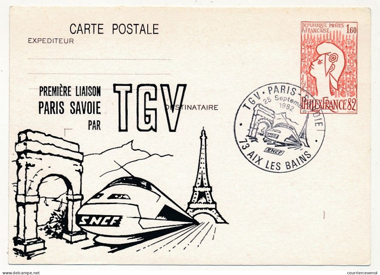 CP Entier Repiqué 1,60 Philexfrance - Première Liaison Paris Savoie Par TGV - 10 Sept 1982 - 73 AIX-LES-BAINS - Bijgewerkte Postkaarten  (voor 1995)