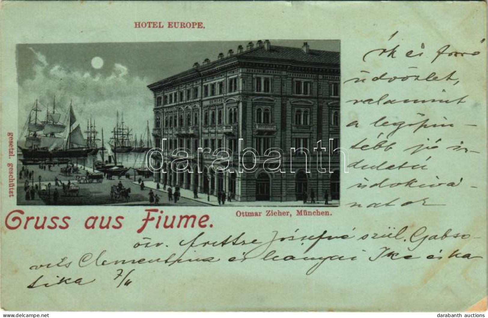 T3/T4 1898 (Vorläufer) Fiume, Rijeka; Hotel Europe Ottmar Zieher Art Nouveau Litho (ázott / Wet Damage) - Ohne Zuordnung