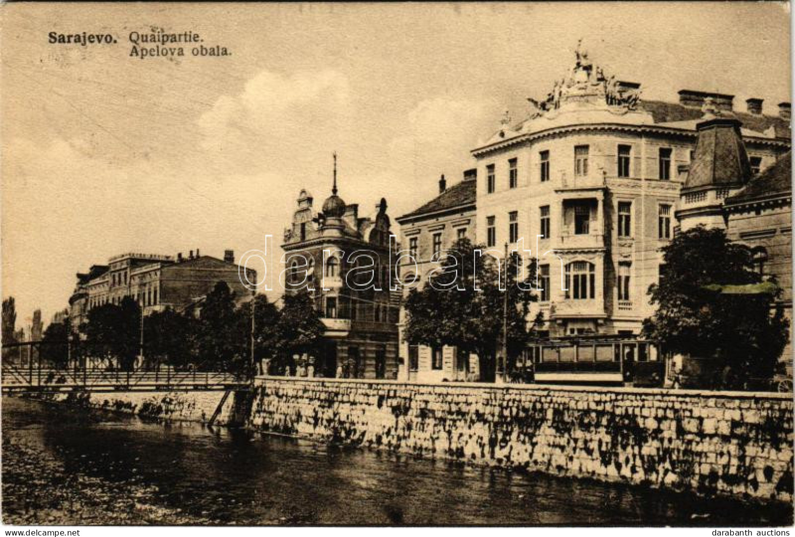 * T2/T3 1917 Sarajevo, Quaipartie / Apelova Obala / Quay, Tram, Bridge (EK) - Ohne Zuordnung