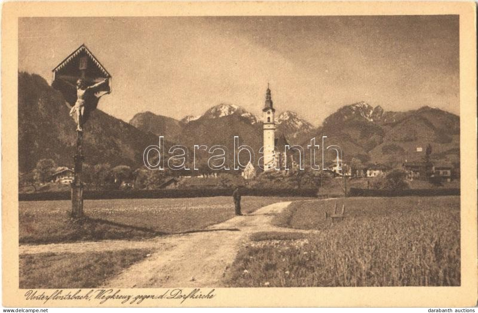 ** T1/T2 Unterflintsbach (Flintsbach Am Inn), Wegkreuz Gegen Die Dorfkirche, Wendelsteingruppe / Cross, Church, Mountain - Unclassified