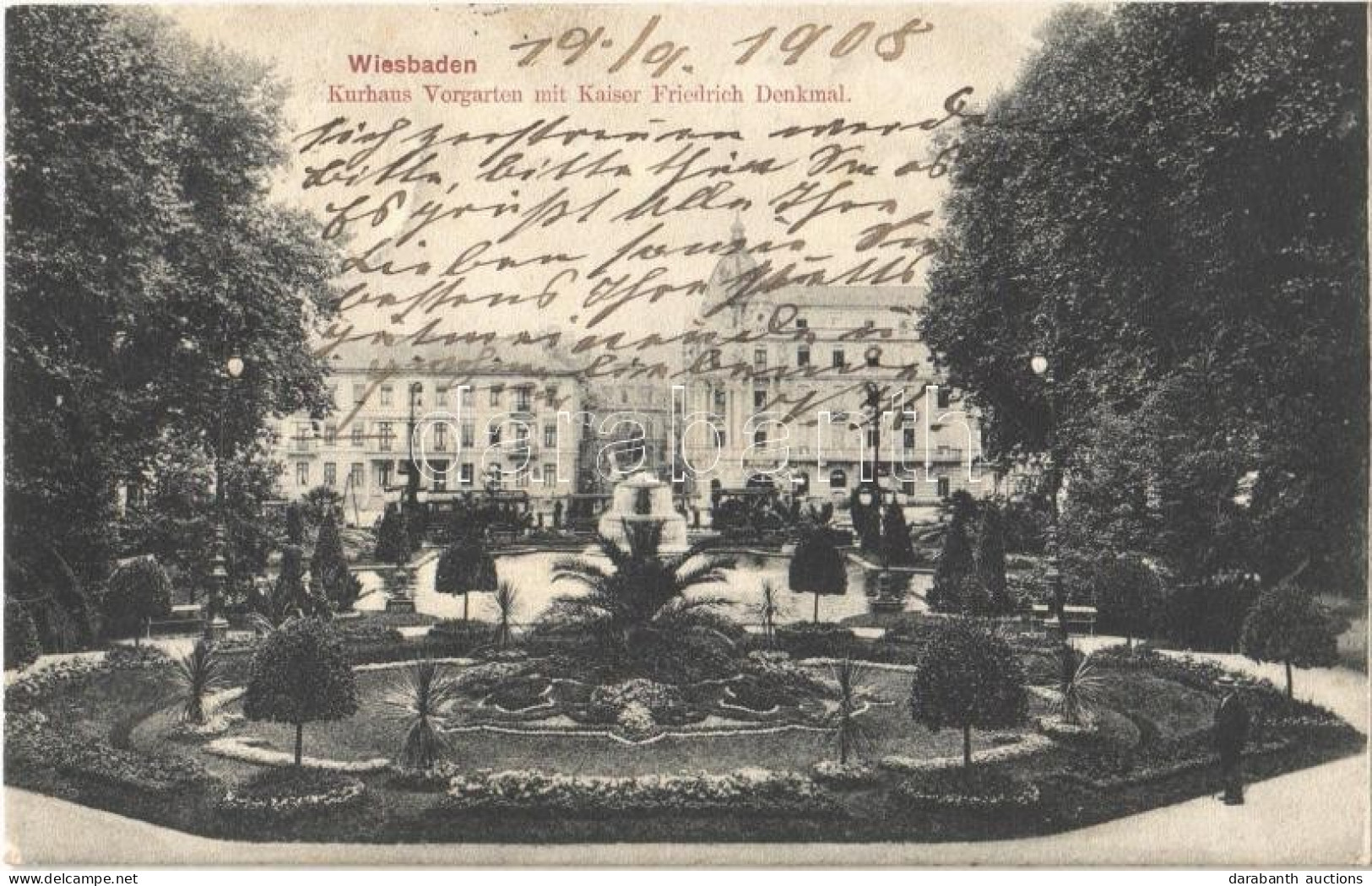 T1 1908 Wiesbaden, Kurhaus Vorgarten Mit Kaiser Friedrich Denkmal / Spa House, Garden, Kaiser Friedrich Monument - Unclassified