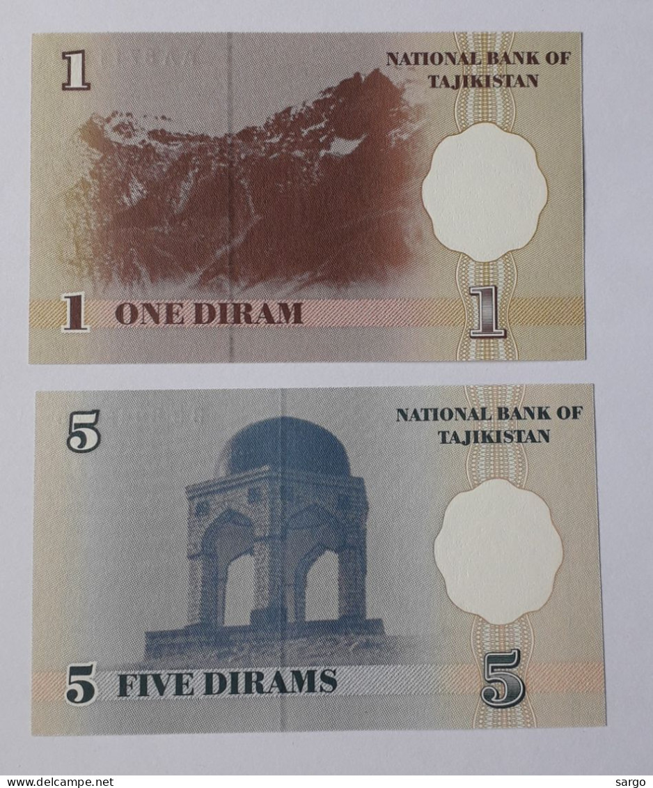 TAJIKISTAN  - 1 And 5 DIRAMS - P 10, P11  (1999) - 2 PCS - UNC - BANKNOTES - PAPER MONEY - CARTAMONETA - - Tadjikistan