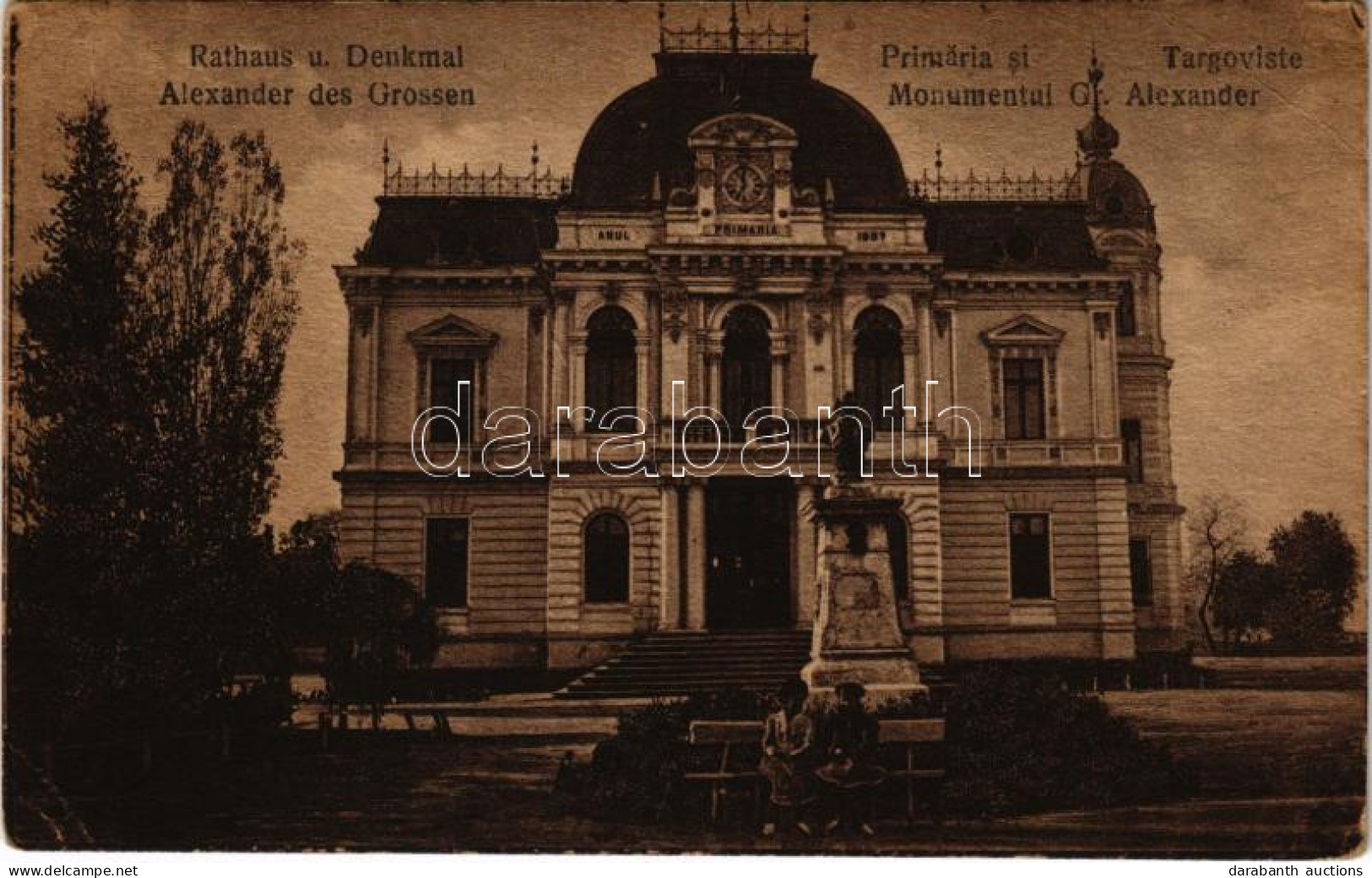 * T2/T3 Targoviste, Tergovistye, Tirgovics; Primaria Si Monumentul Gr. Alexander / Town Hall And Statue (EK) - Ohne Zuordnung