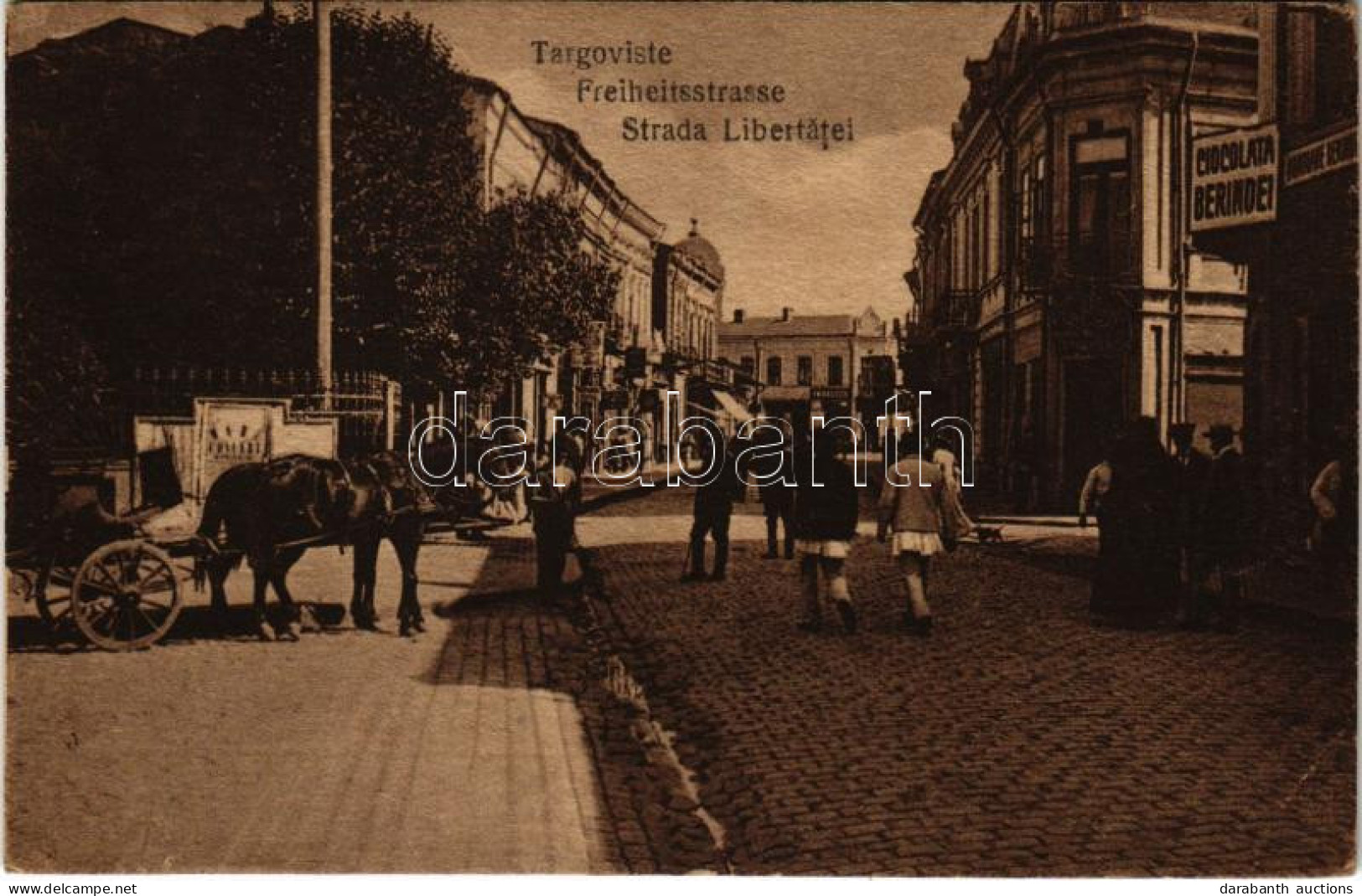 * T2/T3 Targoviste, Tergovistye, Tirgovics; Strada Libertatei, Ciocolata Berindei / Street, Confectionery And Shops (EB) - Ohne Zuordnung