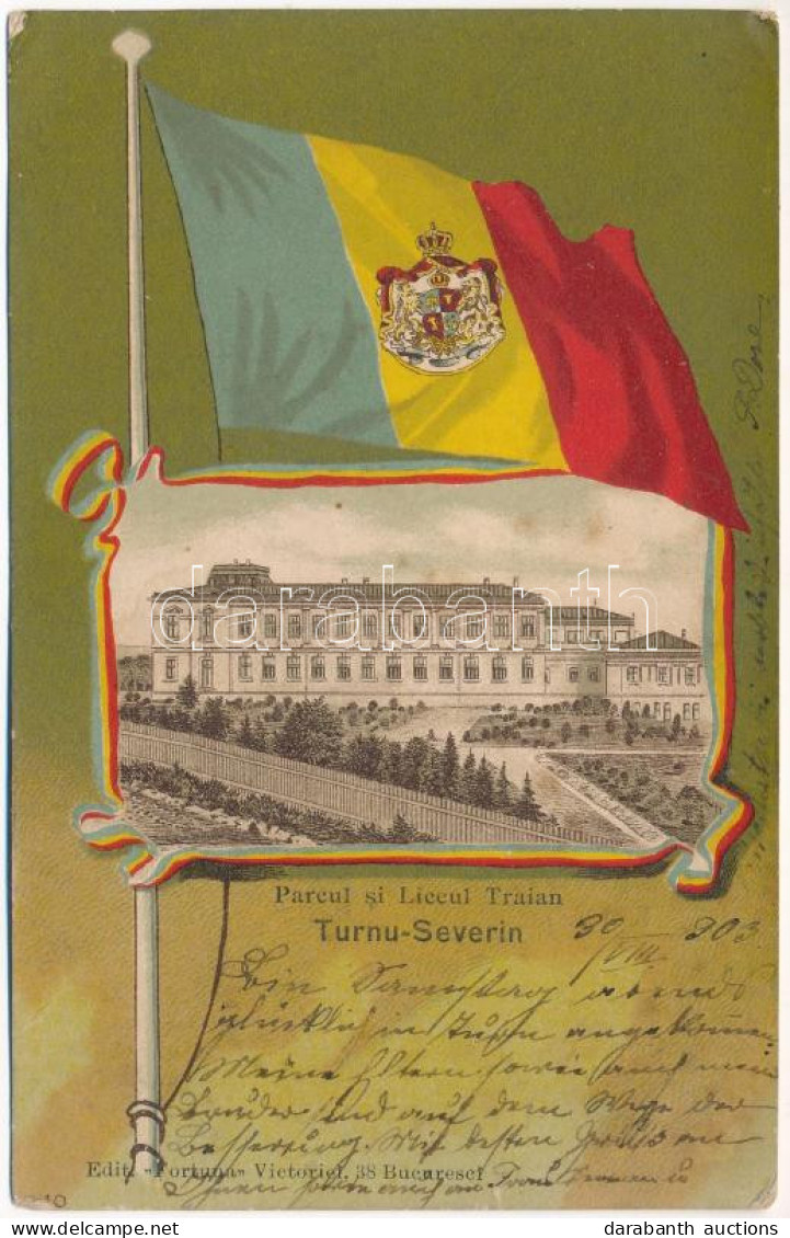 * T3 1903 Turnu Severin, Szörényvár; Parcul Si Liceul Traian / School And Park. Art Nouveau Litho Montage With Romanian  - Non Classificati