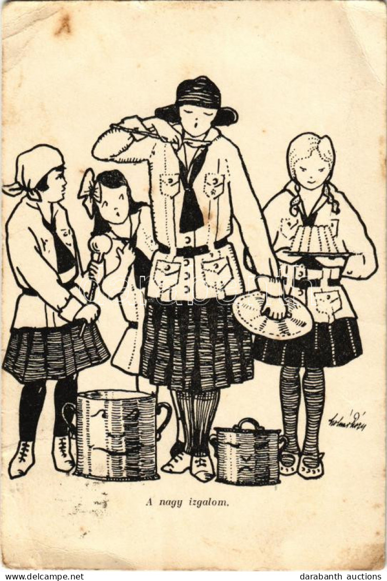 T3 A Nagy Izgalom. Magyar Cserkészleány Szövetség Kiadása / Hungarian Girl Scout Art Postcard S: Molnár R. (EB) - Unclassified