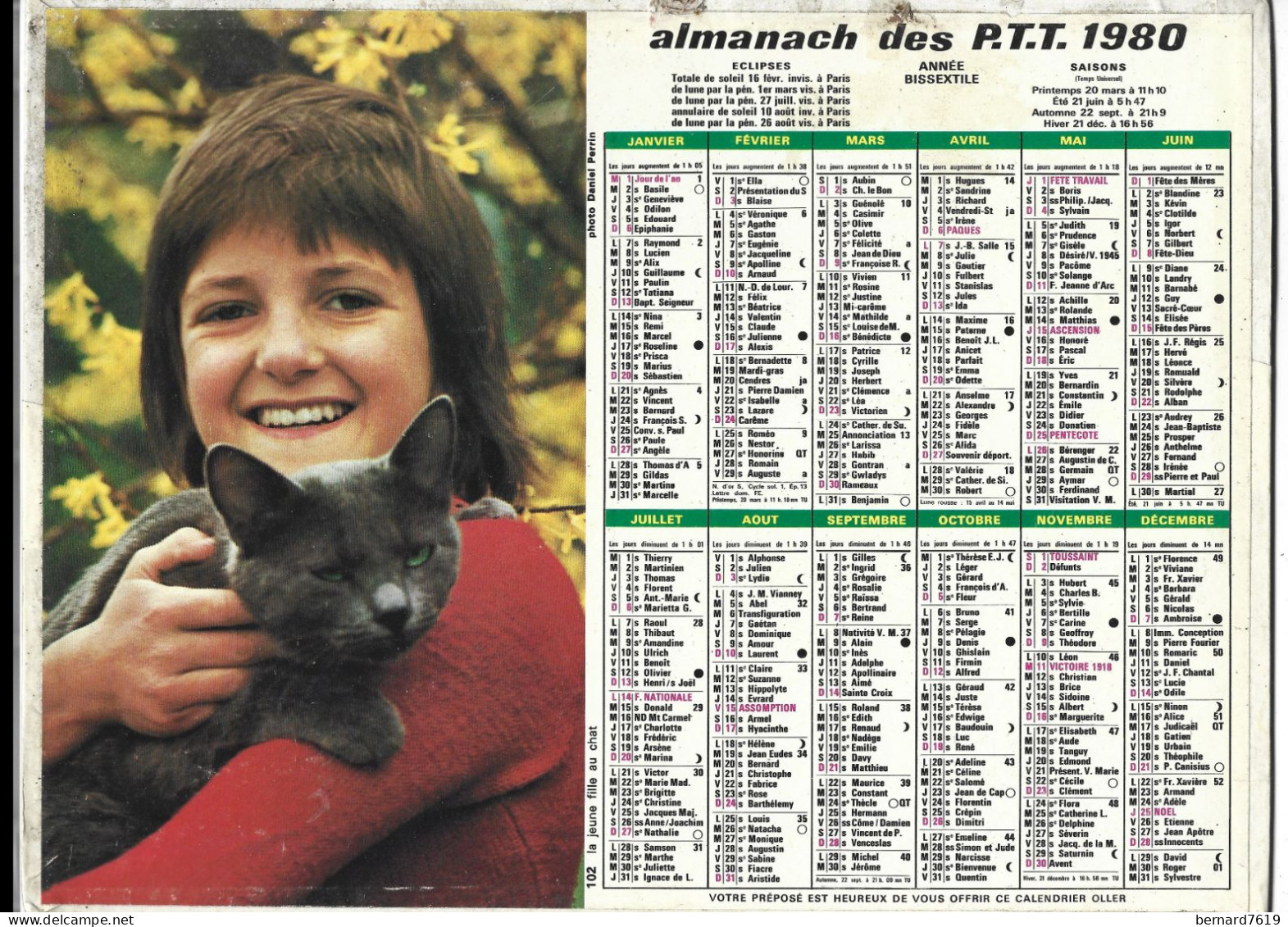 Almanach  Calendrier  P.T.T  -  La Poste -  1980 -  Enfant Et Chat - Autres & Non Classés