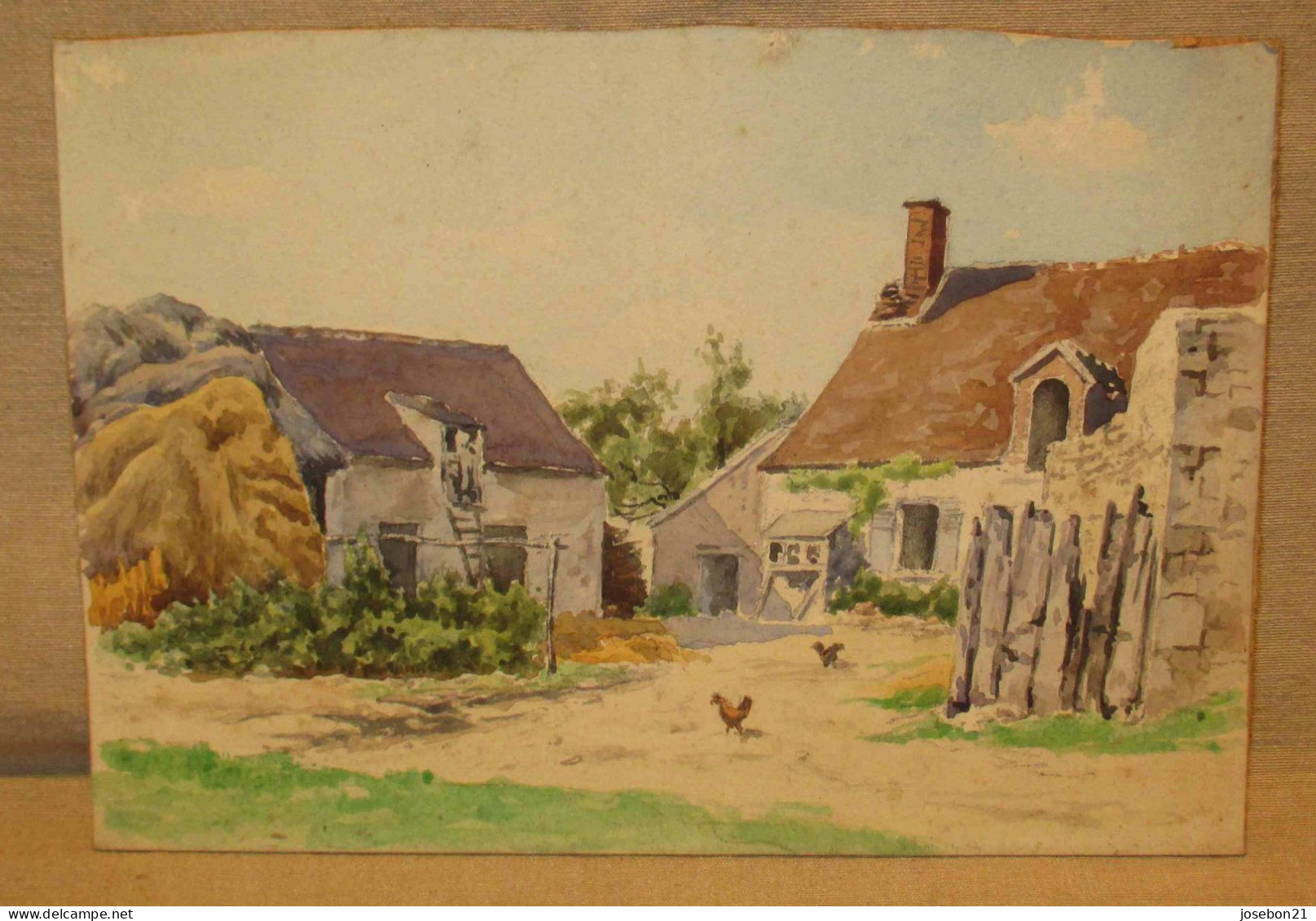 Ancien Petit Tableau Scène De Village Bourguignon Bourgogne XIX ème - Watercolours