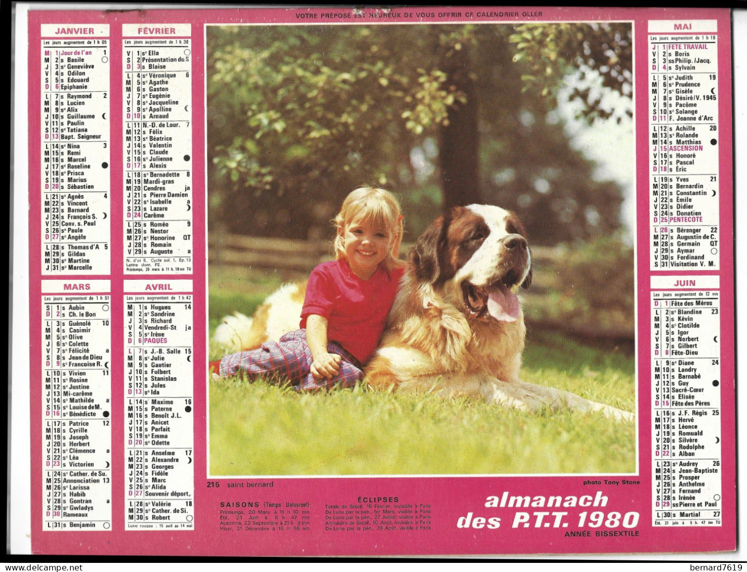 Almanach  Calendrier  P.T.T  -  La Poste -  1980 -  Enfant Et Chien - Agneau - Altri & Non Classificati