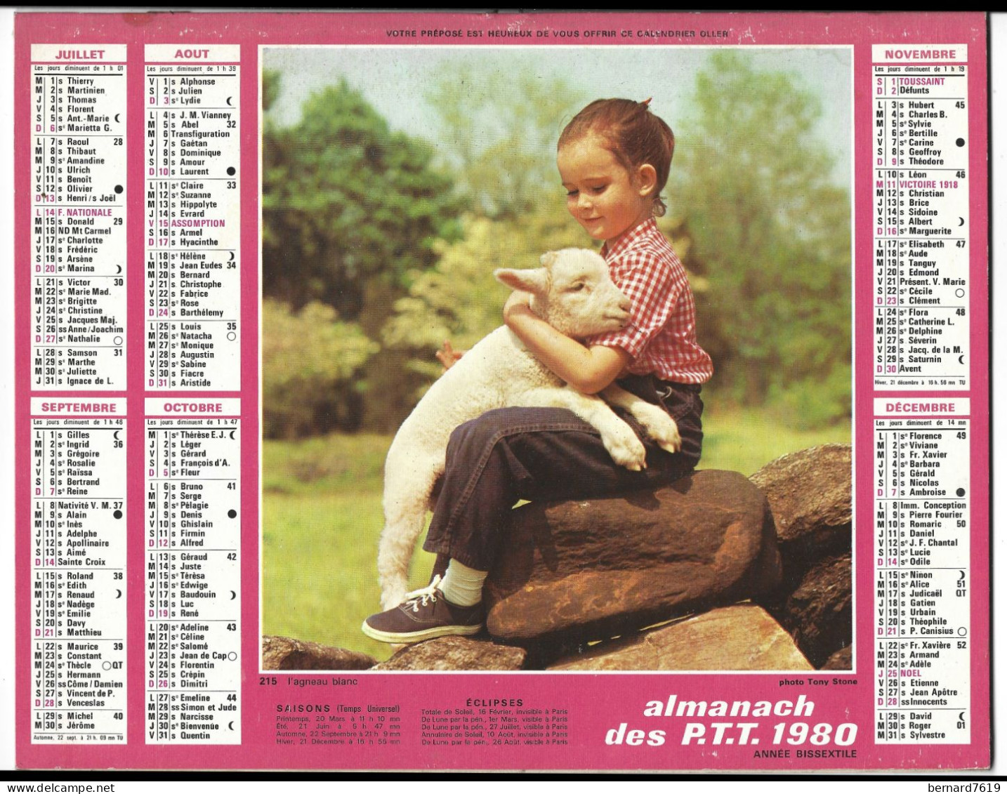 Almanach  Calendrier  P.T.T  -  La Poste -  1980 -  Enfant Et Chien - Agneau - Autres & Non Classés