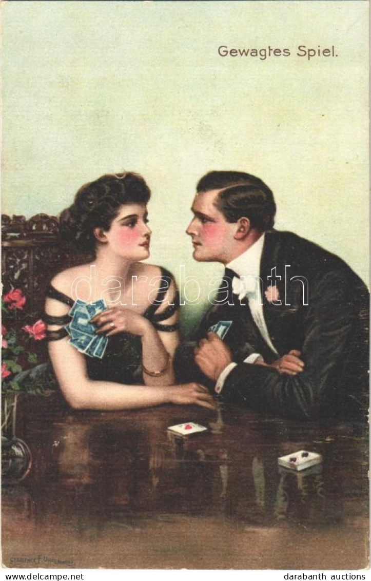 ** T2/T3 Gewagtes Spiel / Lady Art Postcard, Romantic Couple, Playing Cards S: Clarence F. Underwood - Ohne Zuordnung