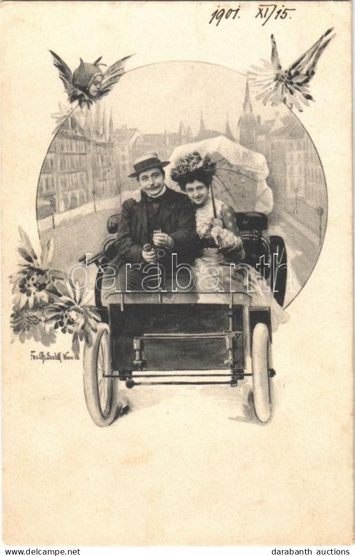 * T2/T3 1901 Lady Art Postcard, Romantic Couple In An Automobile. Art Nouveau, Floral. Fec. Ch. Scolik (EK) - Sin Clasificación