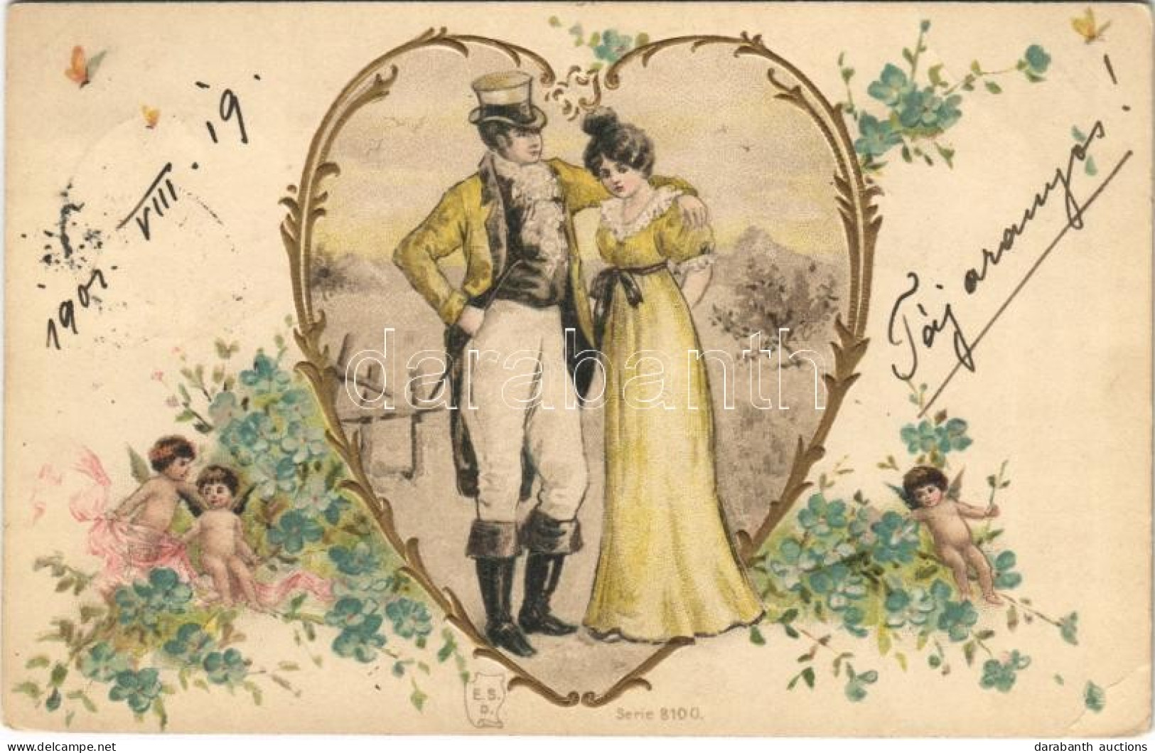 T2/T3 1901 Lady Art Postcard, Romantic Couple. E.S.D. Serie 8100. Art Nouveau, Floral, Litho (EB) - Sin Clasificación