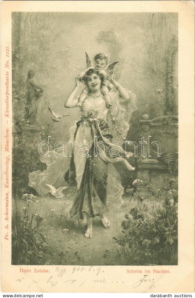 * T2/T3 1901 Schelm Im Nacken / Lady Art Postcard. Fr. A. Ackermann Kunstverlag Künstlerpostkarte No. 1121. S: Hans Zatz - Ohne Zuordnung