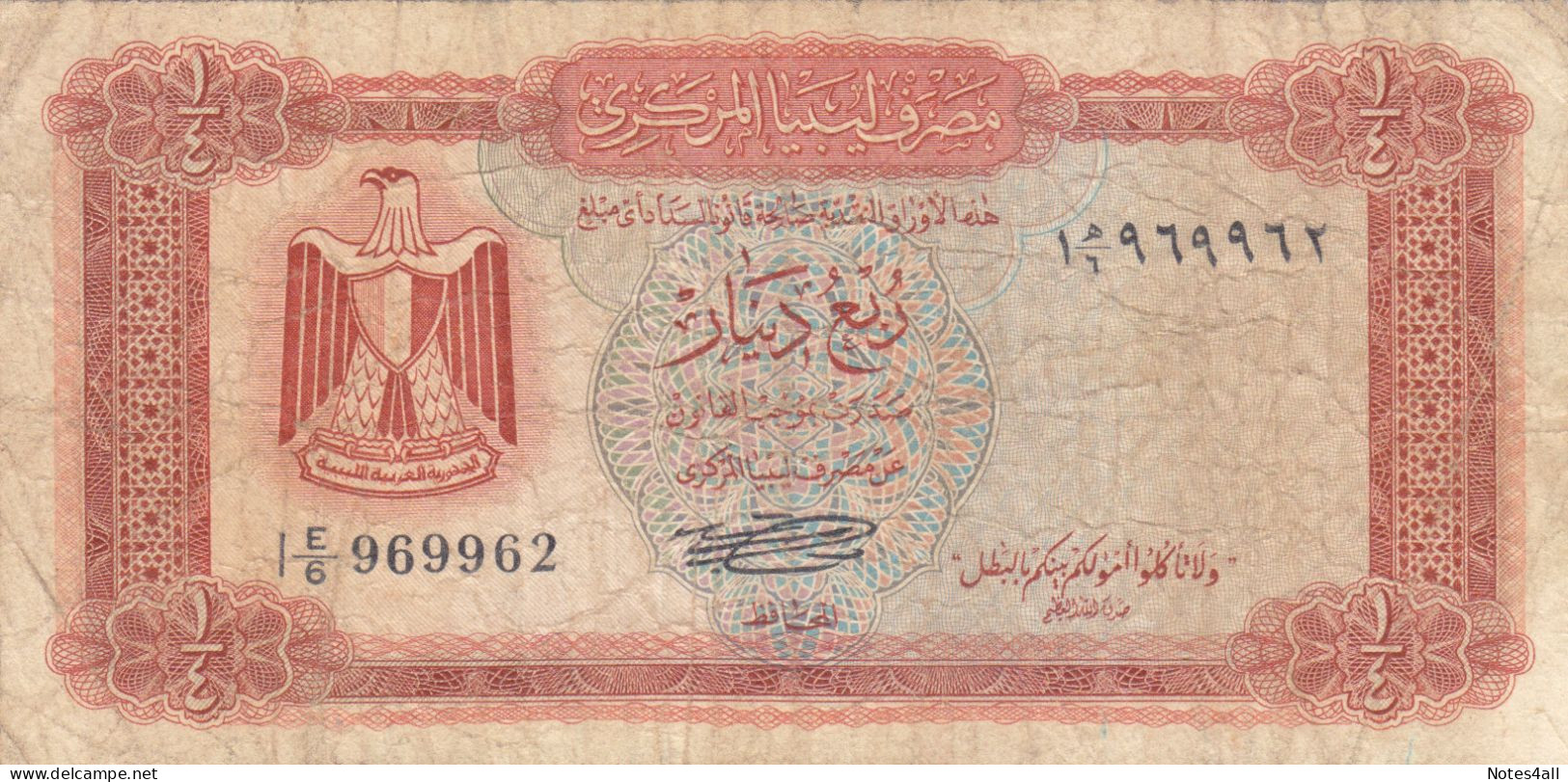 LIBYA 1/4 DINAR 1971 1972 P-33B  (F/VF)  USED SERIES  6 - Libië