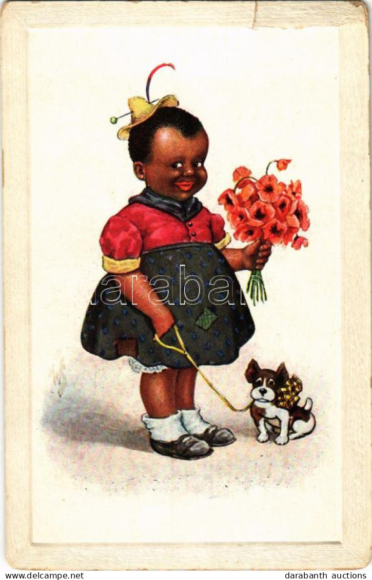 * T4 Black American Girl With Dog And Flowers (EM) - Unclassified