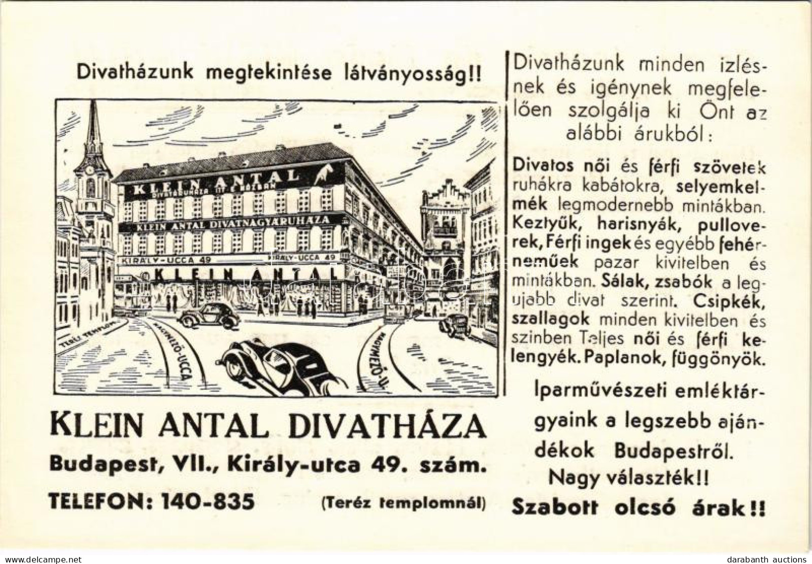 ** T2 Klein Antal Divatháza Reklámja. Budapest VII. Király Utca 49. / Hungarian Fashion Store Advertisement (non PC) - Non Classés