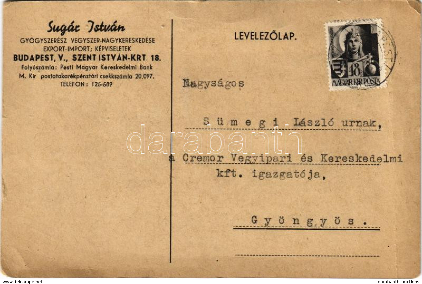 T3/T4 1944 Sugár István Gyógyszerész Vegyszer-nagykereskedése Reklámlap. Budapest, Szent István Krt. 18. (fa) - Non Classificati