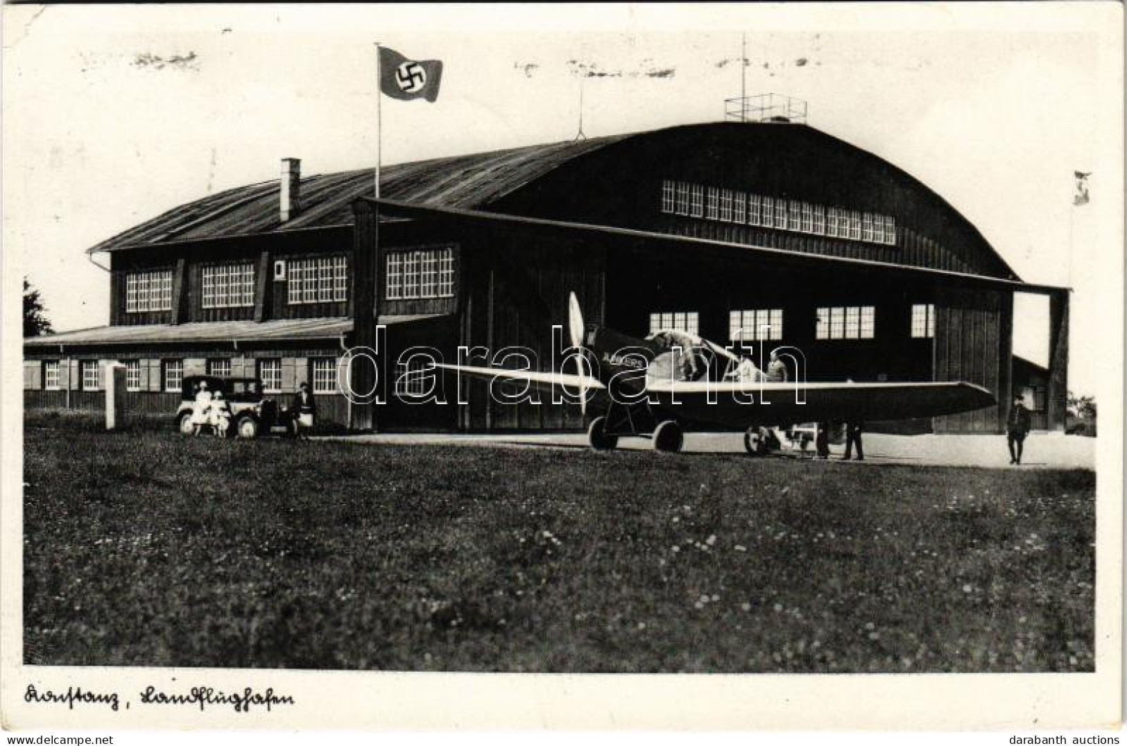 T2/T3 1936 Konstanz, Landflughafen / Airport Hangar With Nazi Swastika Flag, Junkers Aircraft, Automobile (EK) - Unclassified