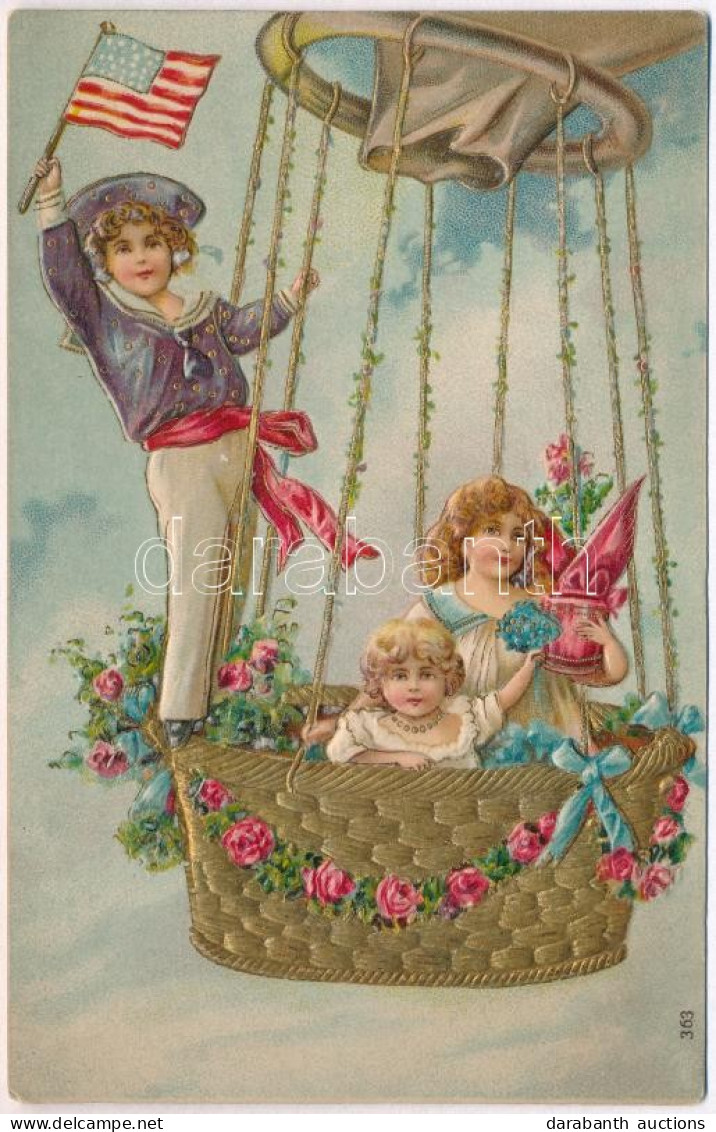 * T2 Children In An Airship. American Flag Greeting Card, Golden Emb. Litho - Unclassified