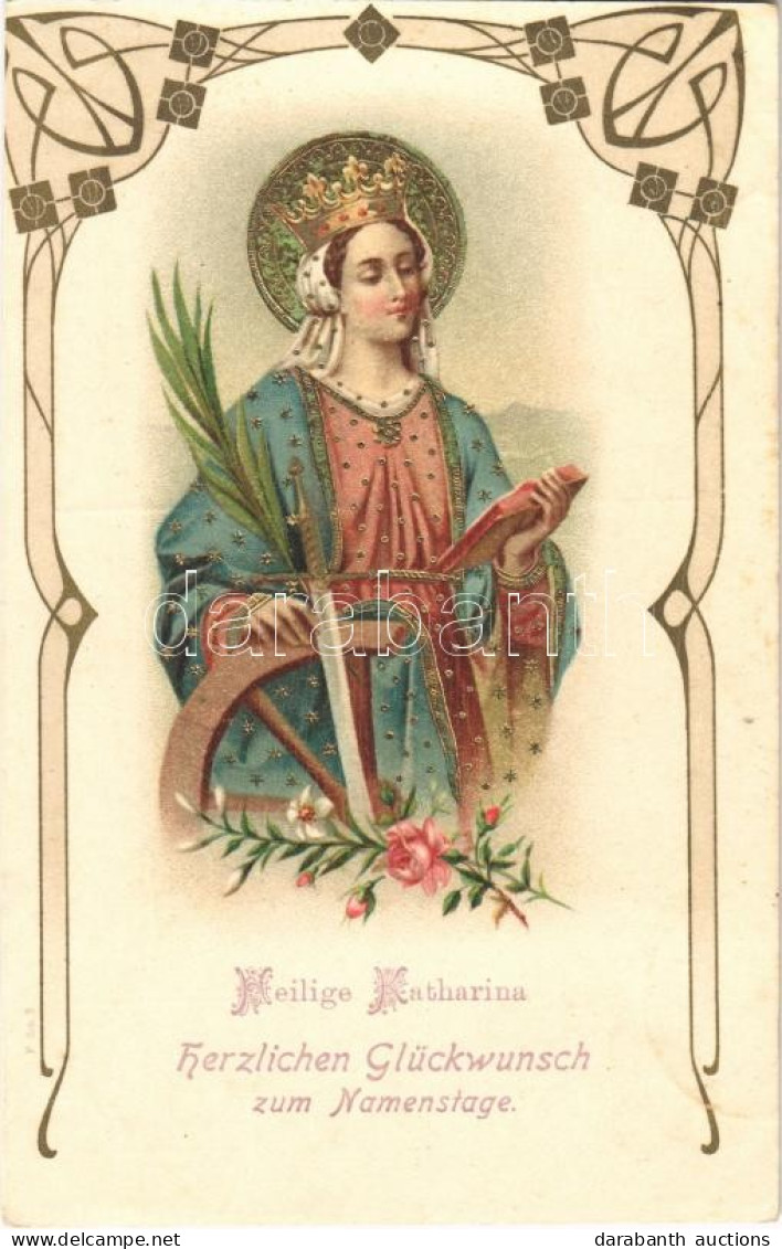 * T2 Heilige Katharina, Herzlichen Glückwunsch Zum Namenstage / St. Catherine, Religious Name Day Greeting Card, Golden  - Sin Clasificación