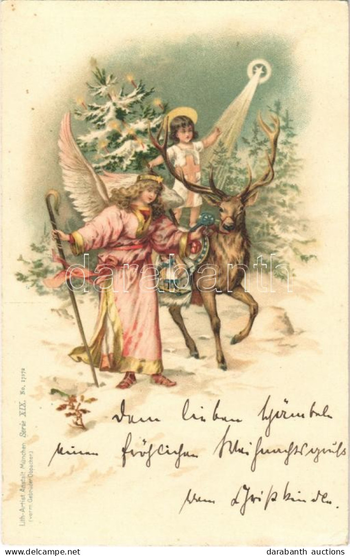 * T2/T3 Angels With A Reindeer, Christmas Greeting Card, Lith-Artist Anstalt München Serie XIX. No. 17272. Litho (EK) - Non Classés