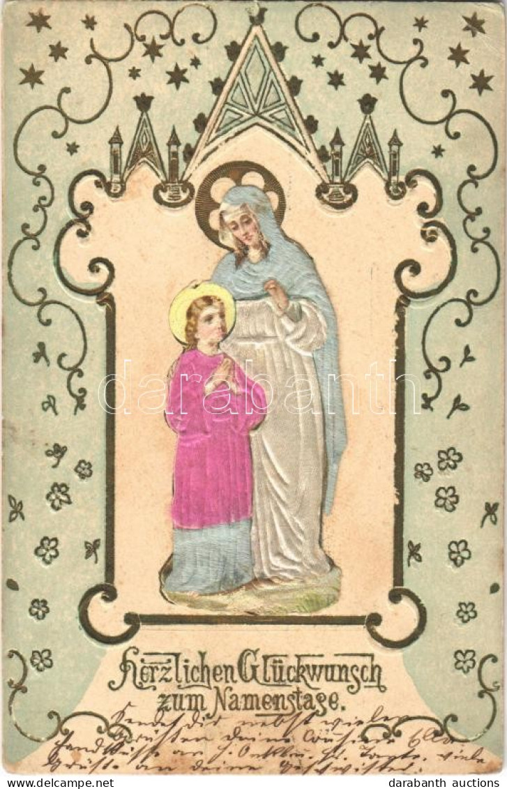 T2/T3 Herzlichen Glückwunsch Zum Namenstage / Virgin Mary And Jesus, Religious Name Day Greeting Card, Golden Decoration - Ohne Zuordnung