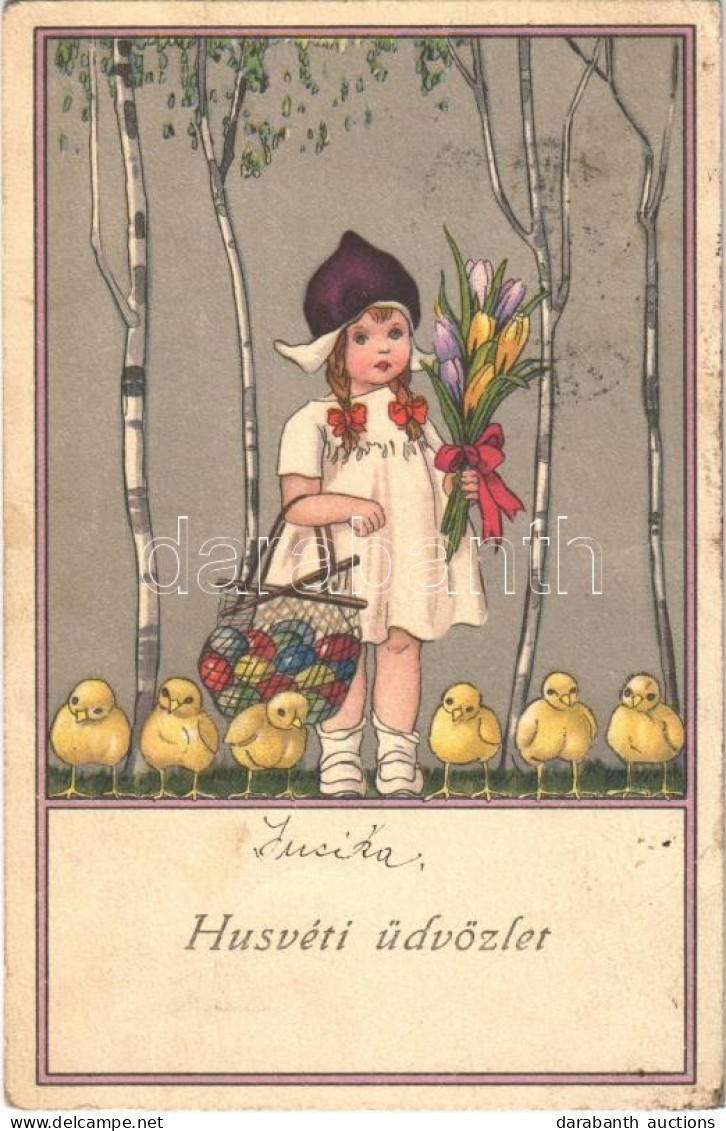 * T2/T3 1924 Húsvéti üdvözlet / Easter Greeting Card, Girl With Flowers And Easter Eggs, Chicken, Meissner & Buch Serie  - Ohne Zuordnung