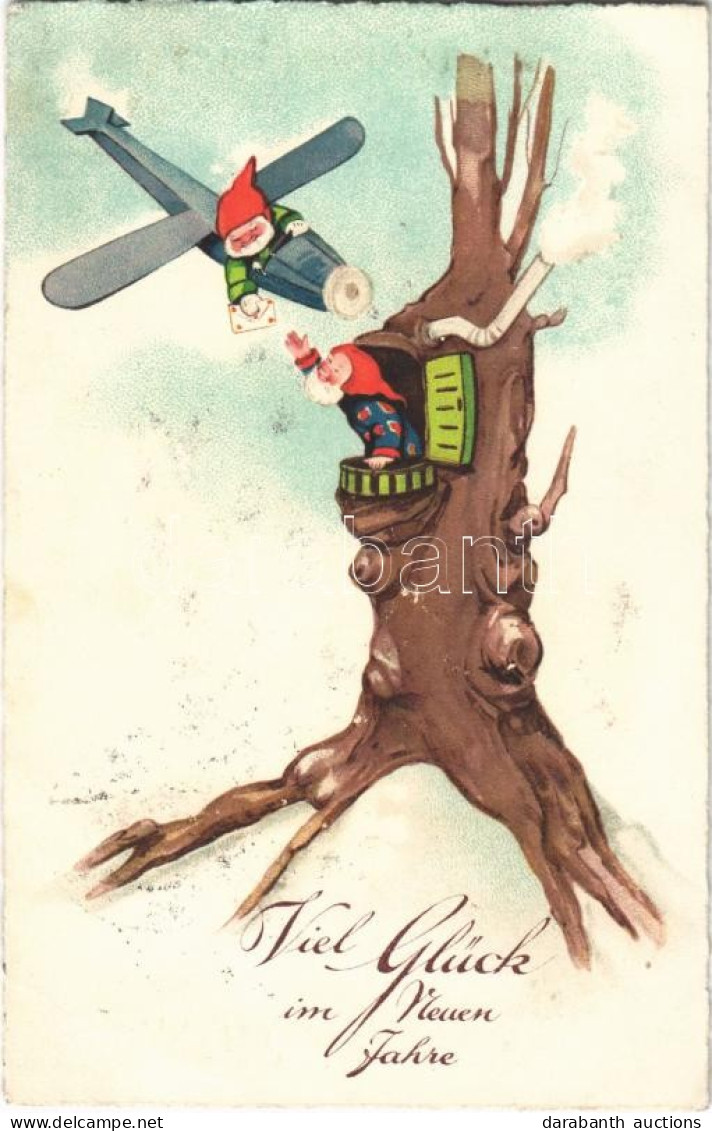 T2/T3 1932 Viel Glück Im Neuen Jahre / New Year Greeting Card, Dwarves (dwarf), Airplane, EAS 1098. Litho (EK) - Ohne Zuordnung