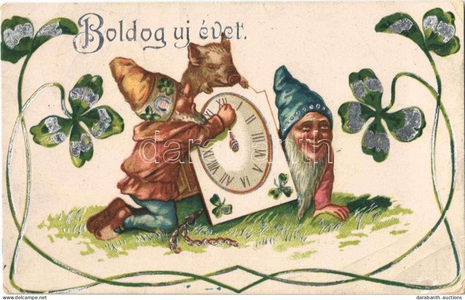 T2/T3 1931 Boldog újévet! / New Year Greeting Card, Dwarves (dwarf), Pig, Clock, Clovers, Silver Decoration, Litho (EK) - Unclassified