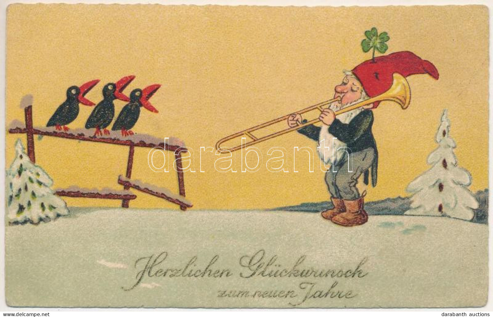* T3/T4 1928 Herzlichen Glückwunsch Zum Neuen Jahre / Name Day Greeting, Dwarf Playing On The Trombone / Névnapi üdvözle - Non Classés