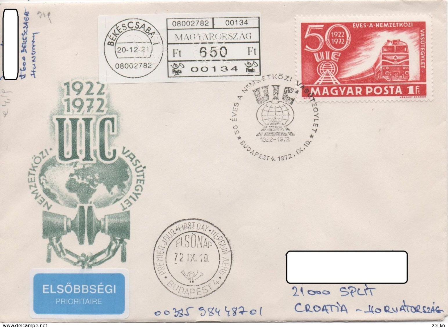 Hungary 1972, FDC, Michel 2803, UIC International Union Of Railways, Sent In 2020 - Covers & Documents