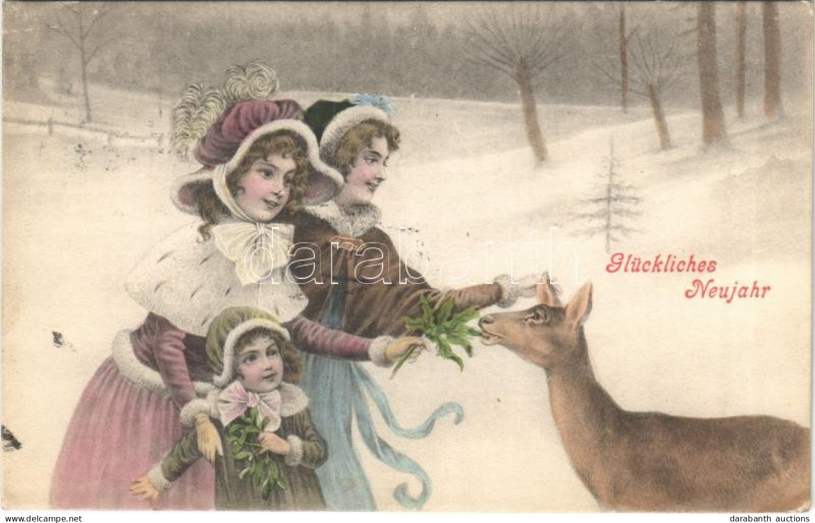 T2/T3 1907 Glückliches Neujahr! / New Year Greeting Art Postcard, Ladies With Deer (EK) - Non Classés