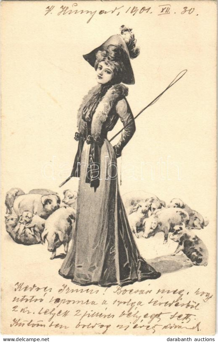 T2/T3 1901 New Year Greeting Art Postcard, Lady With Pigs (apró Szakadás / Tiny Tear) - Non Classificati