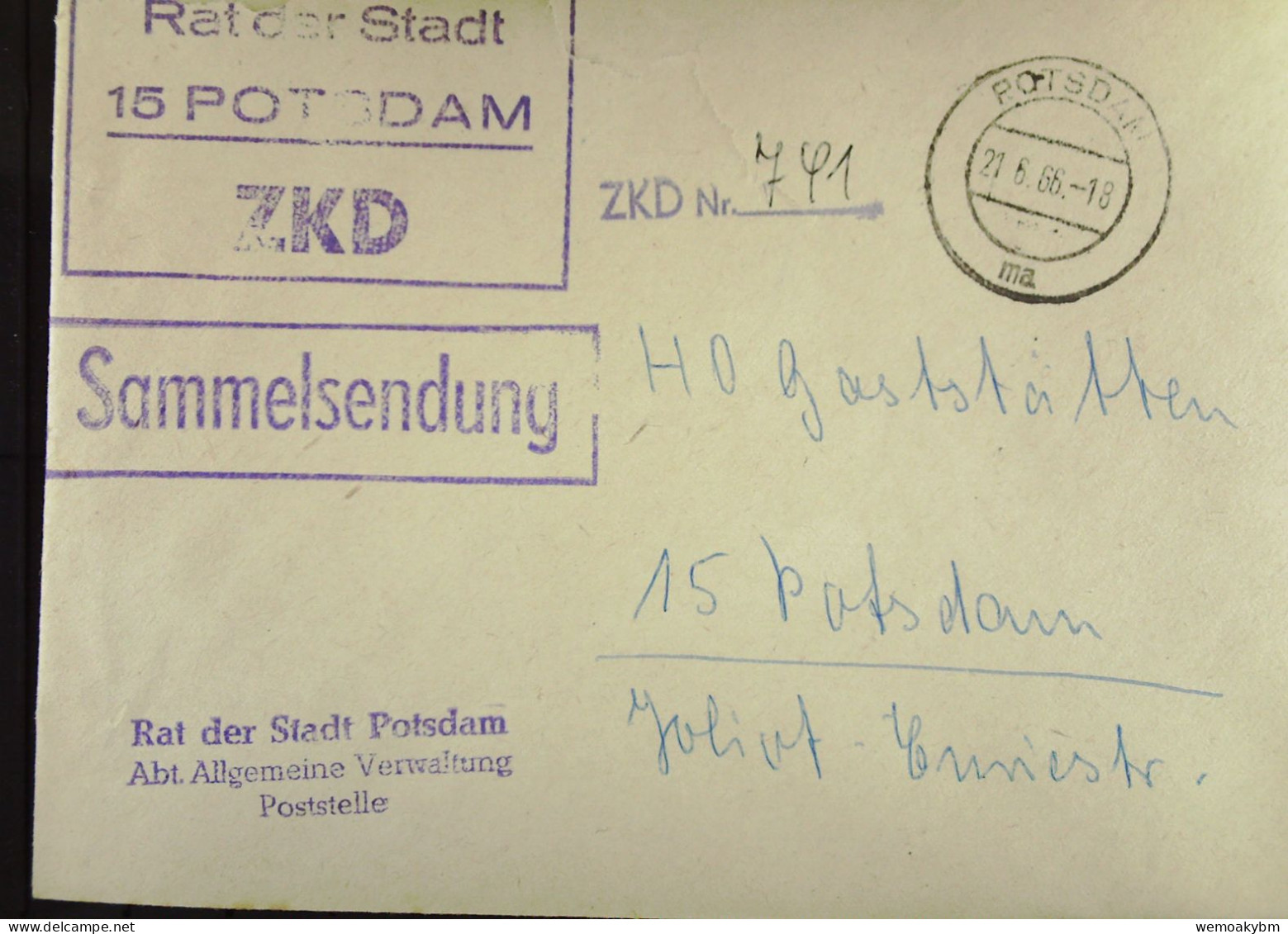 Orts-Brief Mit ZKD-Kastenst "Rat Der Stadt 15 POTSDAM" Vom 21.6.66 An HO Gaststätten Potsdam "Sammelsendung"-ZKD-Nr. 741 - Storia Postale