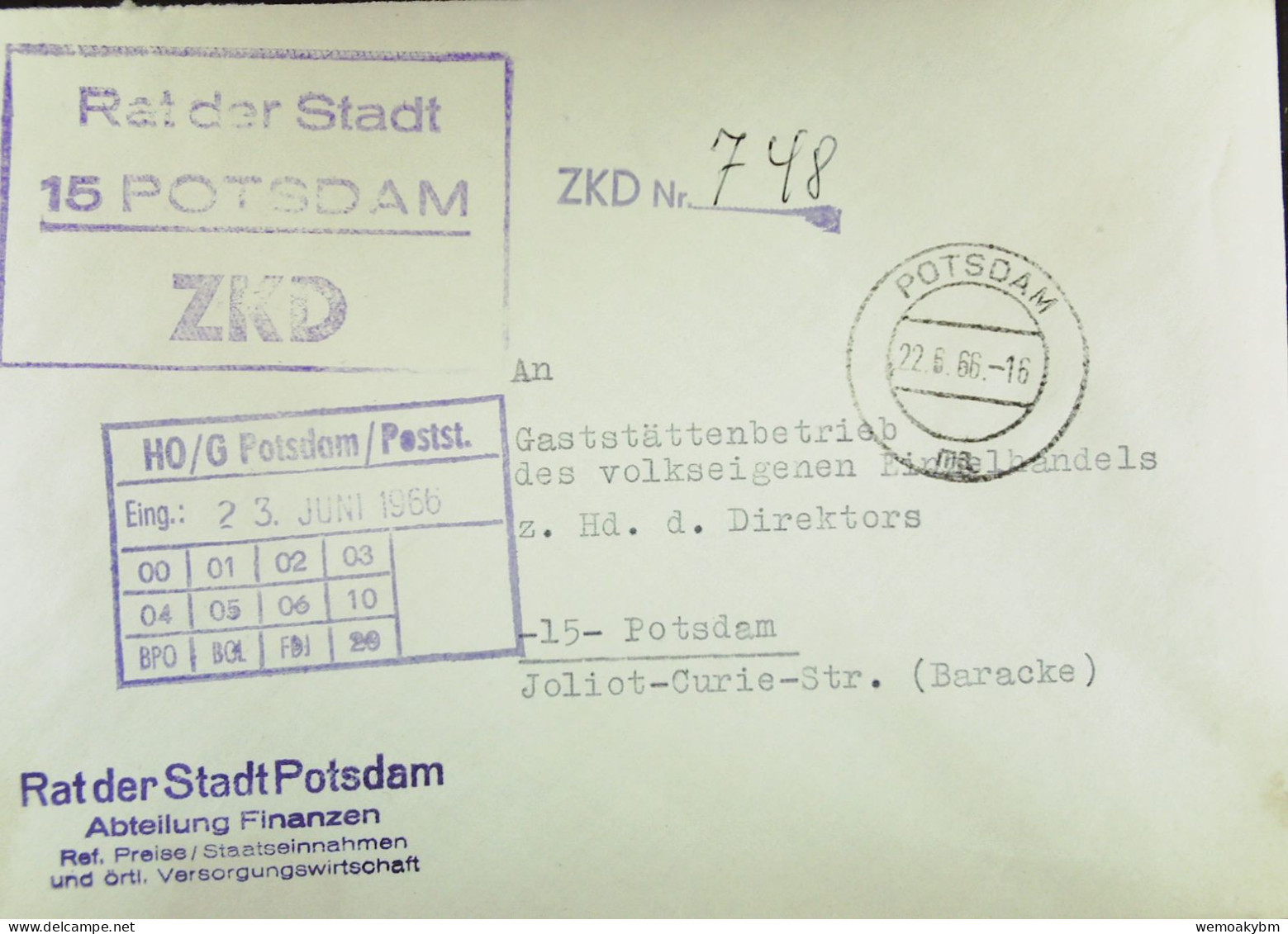 DDR-DIENST-BRIEF Mit ZKD-Kastenst "Rat Der Stadt 15 POTSDAM" Vom 22.6.66 An HO Gaststättenbetrieb Potsdam -ZKD-Nr. 748 - Storia Postale