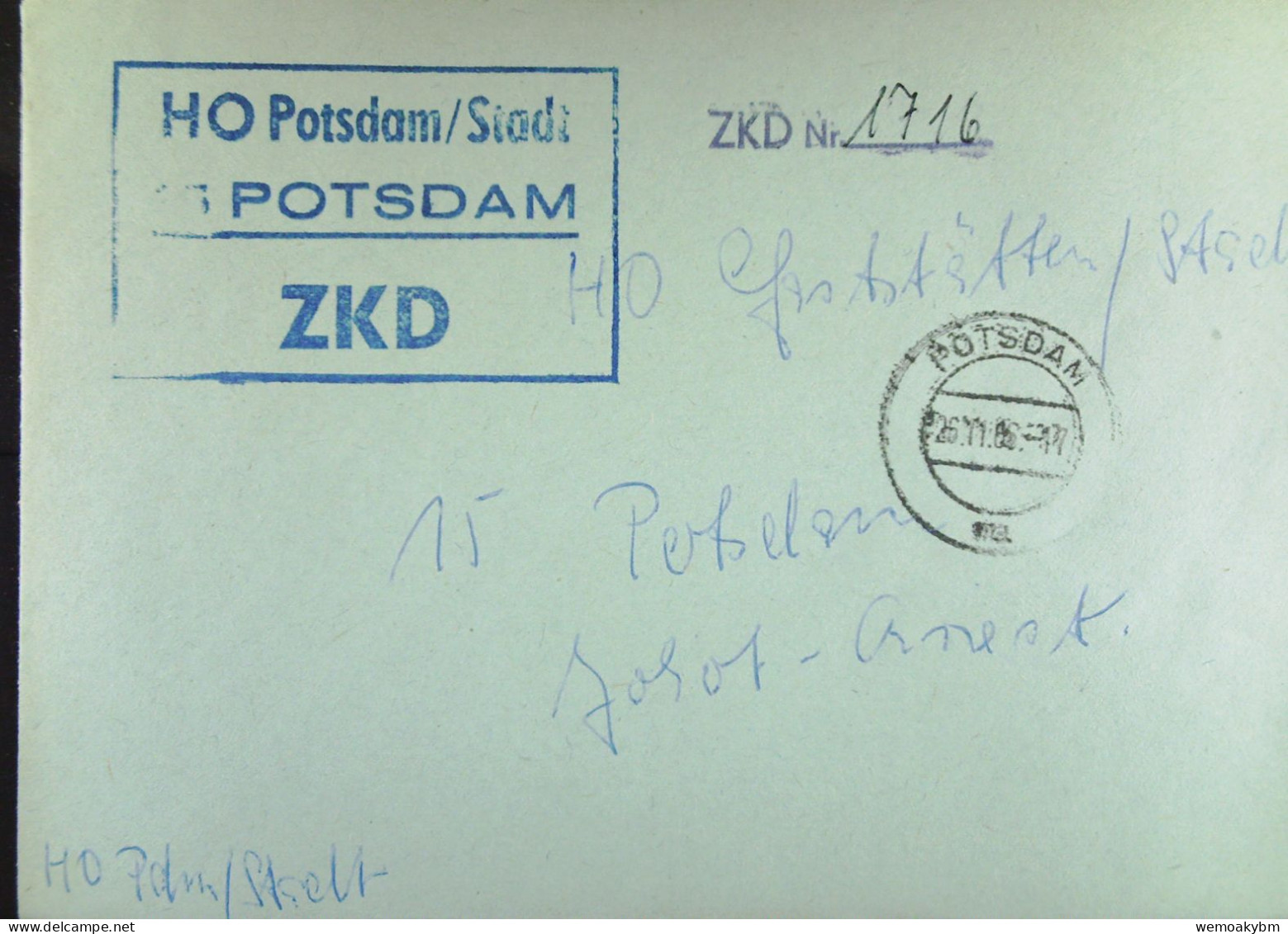 DDR-DIENST-BRIEF M ZKD-Kastenst "HO Potsdam/Stadt 15 POTSDAM" Vom 26.11.66 An HO Gaststätten/Stadt Potsdam -ZKD-Nr. 1716 - Briefe U. Dokumente